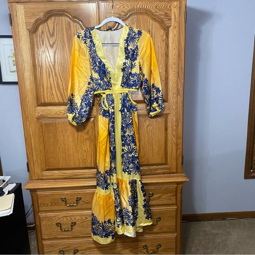Sandro Willow Maxi Dress Yellow Blue Floral Pullover Boho Artsy Women’s Sz 2 - Picture 16 of 16